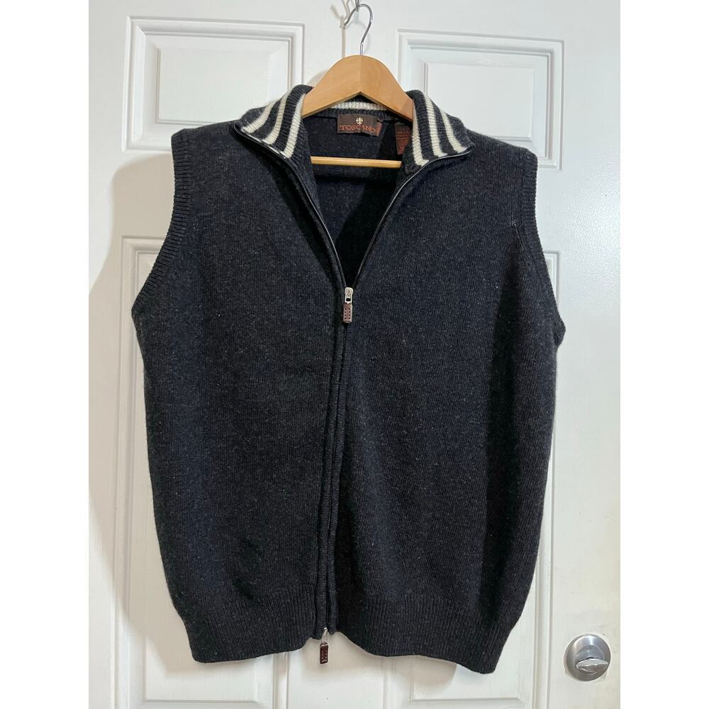 Toscano Textured Wool Zip Vest with Striped Collar Italian Made Layering Knit